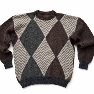 Vintage Argyle Wool Blend Sweater Men’s Medium Brown Tan Crewneck Knit